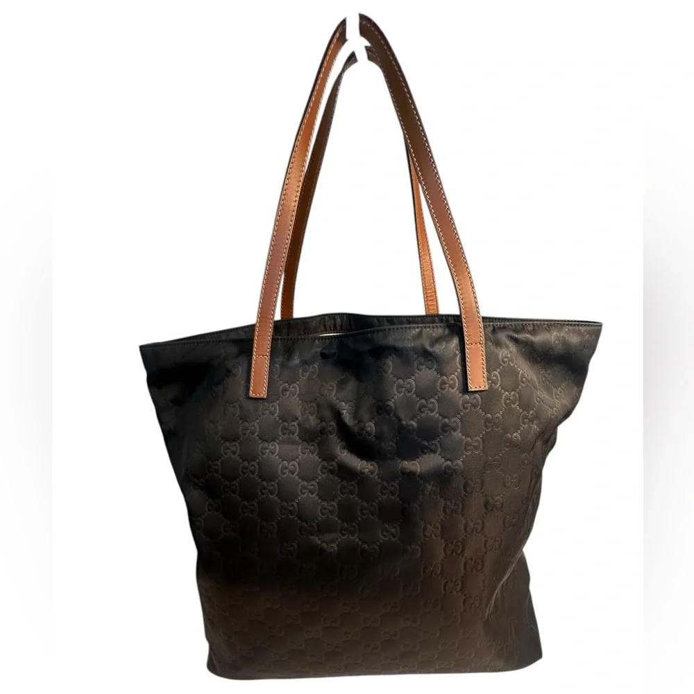 Authentic Gucci Black Nylon Tote Bag with brown leather shoulder straps. - Picture 2 of 12